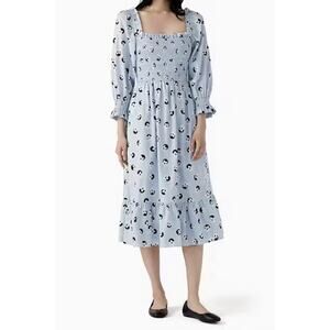 Kate Spade Light Blue Floral Dot Smocked Midi Dress Womens Sz Med Resort Shower